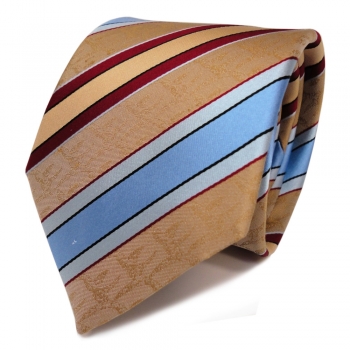 Schicke Seidenkrawatte beige rot blau hellblau gestreift - Krawatte Seide Tie