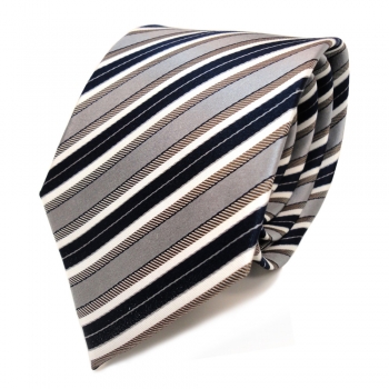 TigerTie Seidenkrawatte braun grau blau dunkelblau creme gestreift - Krawatte