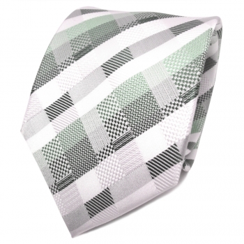TigerTie Designer Seidenkrawatte weiß grün silber kariert - Krawatte Seide
