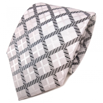 TigerTie Designer Seidenkrawatte weiß silber schwarz kariert - Krawatte Seide