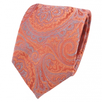 Designer Seidenkrawatte orange grau Paisley gemustert - Krawatte Seide Silk
