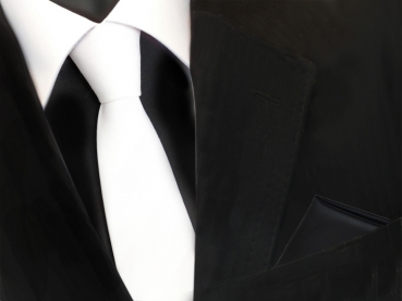schmale TigerTie Krawatte weiß schneeweiß + Einstecktuch schwarz uni einfarbig
