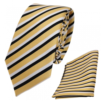 schmale TigerTie Designer Krawatte + Einstecktuch in gold weiß schwarz gestreift