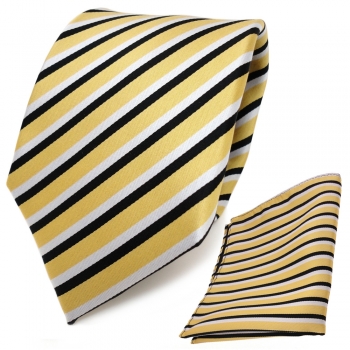 TigerTie Krawatte + Einstecktuch in gold weiß schwarz gestreift - 100% Polyester