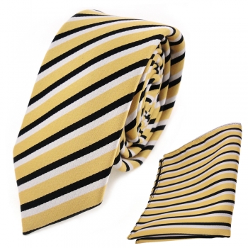 schmale TigerTie Designer Krawatte + Einstecktuch in gold schwarz weiß gestreift