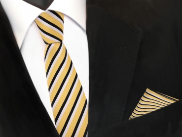 schmale TigerTie Designer Krawatte + Einstecktuch in gold schwarz weiß gestreift