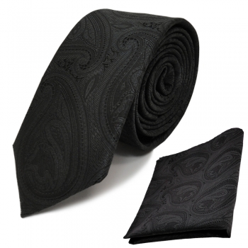 schmale TigerTie Krawatte + Einstecktuch schwarz schwarzgrau olivschwarz paisley