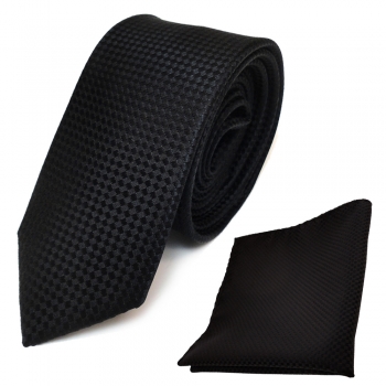 schmale Designer Seidenkrawatte + Einstecktuch in schwarz gepunktet - Krawatte