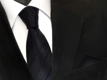 schmale Designer Seidenkrawatte + Einstecktuch in schwarz gestreift - Krawatte