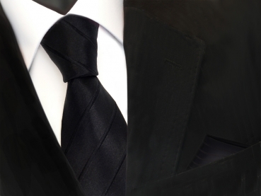 schöne Designer Seidenkrawatte + Einstecktuch in schwarz gestreift - Krawatte