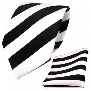 Designer TigerTie Krawatte + Einstecktuch schwarz weiss gestreift