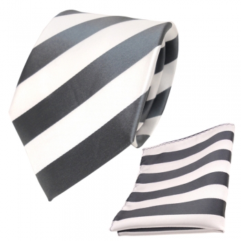 Schicke Designer TigerTie Krawatte + Einstecktuch grau silber weiss gestreift