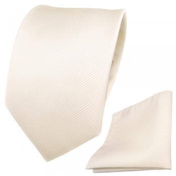 Designer TigerTie Krawatte + Einstecktuch weiß perlweiß creme cremeweiß Uni Rips