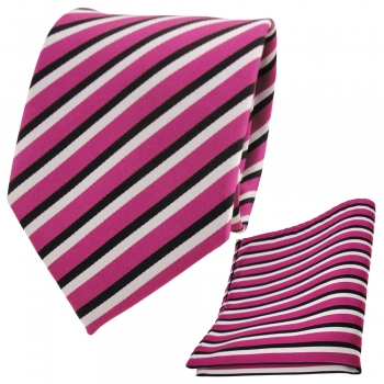 TigerTie Krawatte + Einstecktuch pink telemagenta schwarz weiß gestreift
