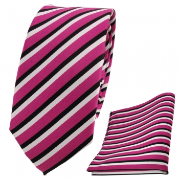 Schmale TigerTie Designer Krawatte + Einstecktuch pink schwarz weiß gestreift