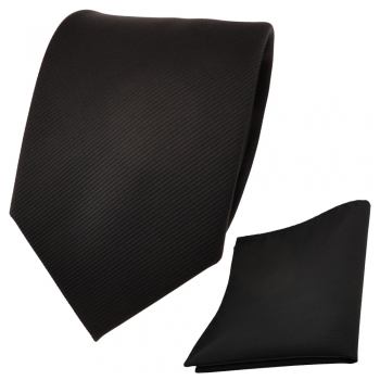 Designer TigerTie Krawatte + Einstecktuch schwarz Uni Rips - Binder Tuch