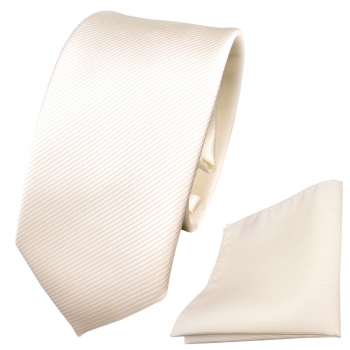 Schmale TigerTie Krawatte + Einstecktuch weiß perlweiß creme cremeweiß Uni Rips