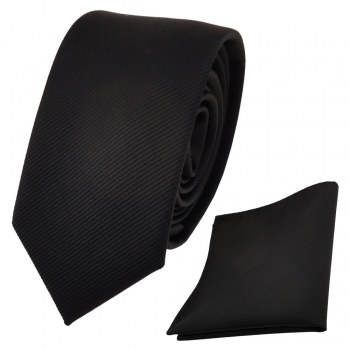 Schmale Designer TigerTie Krawatte + Einstecktuch schwarz Uni Rips - Binder Tuch