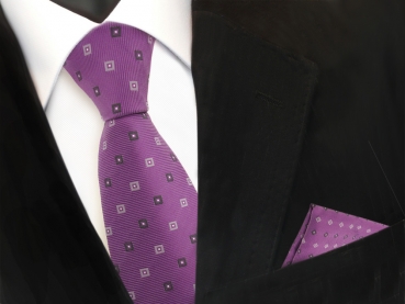 Schöne Krawatte + Einstecktuch in lila flieder grau gemustert - Tie Polyester