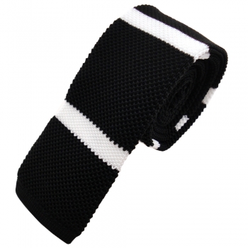 TigerTie - schmale Strickkrawatte schwarz weiß gestreift - Krawatte Polyester