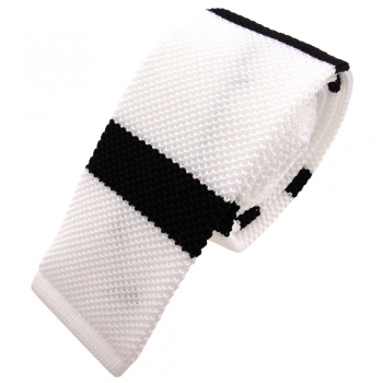 TigerTie - schmale Strickkrawatte weiß schwarz gestreift - Krawatte Polyester