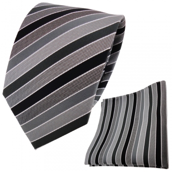 TigerTie Krawatte + Einstecktuch in anthrazit schwarz grau silber gestreift