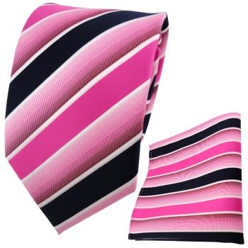 TigerTie Krawatte + Einstecktuch in pink rosa dunkelblau weiß gestreift