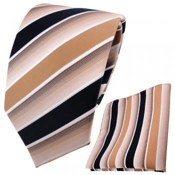 TigerTie Krawatte + Einstecktuch in beige braun dunkelblau weiß gestreift