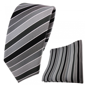 schmale TigerTie Krawatte + Einstecktuch anthrazit schwarz grau silber gestreift