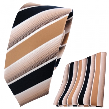 schmale TigerTie Krawatte + Einstecktuch beige braun dunkelblau weiß gestreift