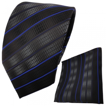 schöne TigerTie Krawatte + Einstecktuch in schwarz anthrazit blau gestreift