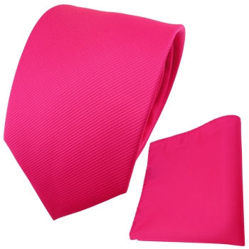 TigerTie Krawatte + Einstecktuch pink knallpink leuchtpink einfarbig Uni Rips