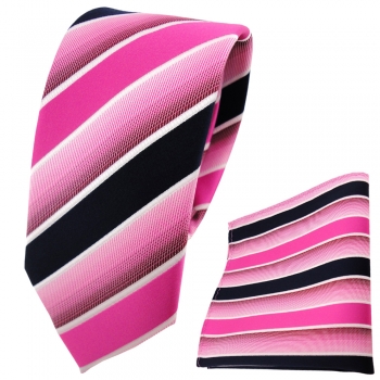 schmale TigerTie Krawatte + Einstecktuch pink rosa dunkelblau weiß gestreift