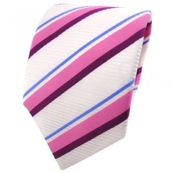 TigerTie Satin Krawatte weiß signalweiß rosa magenta blau gestreift - Binder Tie