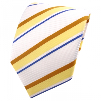 TigerTie Satin Krawatte weiß signalweiß gelb ocker blau gestreift - Binder Tie