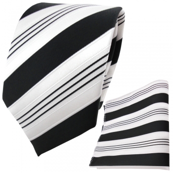 TigerTie Designer Krawatte+Einstecktuch schwarz anthrazit weiß silber gestreift