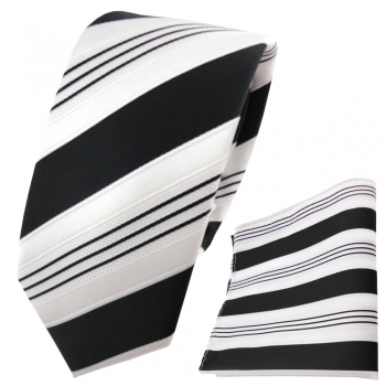 Schmale TigerTie Krawatte + Einstecktuch schwarz anthrazit weiß silber gestreift