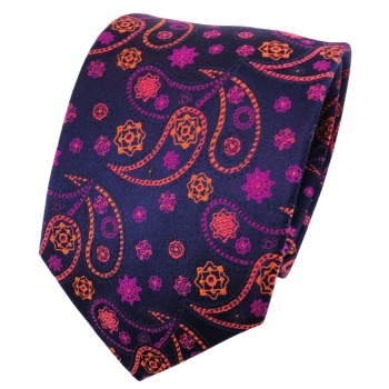 TigerTie Satin Seidenkrawatte orange violett dunkelblau Paisley - Krawatte