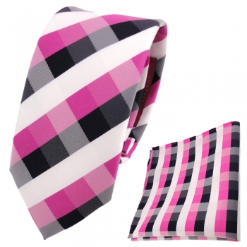 schmale TigerTie Designer Krawatte + Einstecktuch pink blau royal weiß kariert