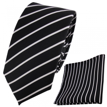 schmale TigerTie Designer Krawatte + Einstecktuch schwarz weiß silber gestreift