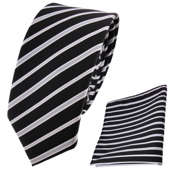 schmale Designer TigerTie Krawatte + Einstecktuch schwarz grau silber gestreift