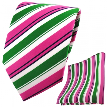 TigerTie Krawatte + Einstecktuch pink grün weiß schwarz gestreift