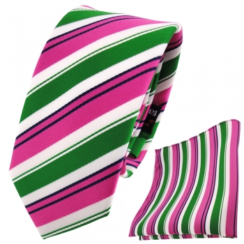 schmale TigerTie Krawatte + Einstecktuch pink grün weiß schwarz gestreift