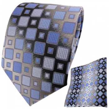 TigerTie Designer Krawatte + Einstecktuch blau hellblau silbergrau kariert