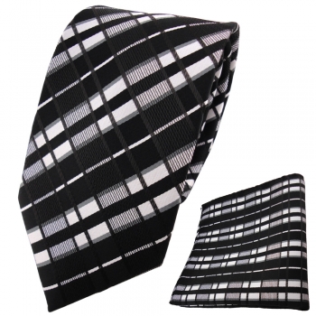TigerTie Krawatte + Einstecktuch schwarz anthrazit silber grau gestreift
