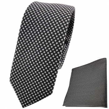 schmale TigerTie Designer Krawatte + Einstecktuch anthrazit silber gepunktet