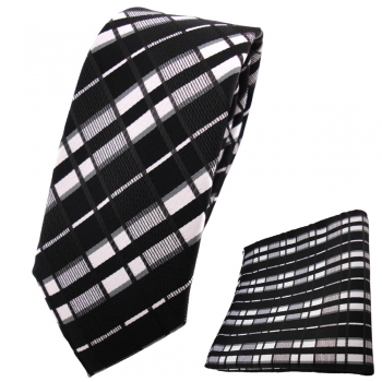 Schmale TigerTie Krawatte + Einstecktuch schwarz anthrazit silber grau gestreift