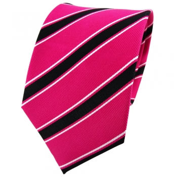 TigerTie Seidenkrawatte pink knallpink schwarz weiß gestreift - Krawatte Seide