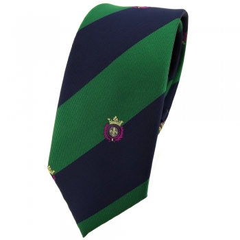 Schmale TigerTie Krawatte grün laubgrün dunkelblau gestreift Wappen - Tie Binder