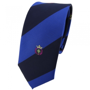 Schmale TigerTie Krawatte blau saphirblau dunkelblau gestreift Wappen - Tie Binder